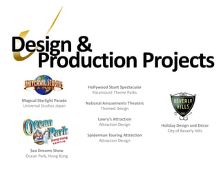 Magical Starlight ParadeUniversal Studios JapanSea Dreams ShowOcean Park, Hong KongDesign &Production ProjectsHoliday Design and DécorCity of Beverly HillsHollywood Stunt SpectacularParamount Theme ParksNational Amusements TheatersThemed DesignLawry’s AttractionAttraction DesignSpiderman Touring AttractionAttraction Design