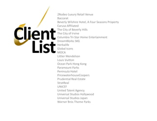 2Rodeo Luxury Retail VenueBaccaratBeverly Wilshire Hotel, A Four Seasons PropertyCaruso AffiliatedThe City of Beverly HillsThe City of IrvineColumbia Tri-Star Home EntertainmentDreamWorks SKGHerbalifeGlobal IconsMOCALittler MendelsonLouis VuittonOcean Park Hong KongParamount ParksPeninsula HotelPricewaterhouseCoopersPrudential Real EstateStratRealUNICEFUnited Talent AgencyUniversal Studios HollywoodUniversal Studios JapanWarner Bros Theme ParksClientList