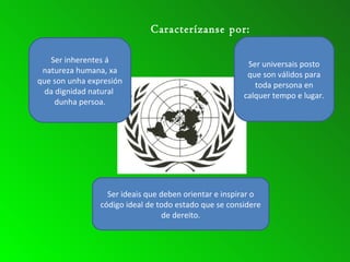 Caracterízanse por:
Ser inherentes á
natureza humana, xa
que son unha expresión
da dignidad natural
dunha persoa.
Ser universais posto
que son válidos para
toda persona en
calquer tempo e lugar.
Ser ideais que deben orientar e inspirar o
código ideal de todo estado que se considere
de dereito.
 