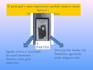 O principal e maís importante modelo utópico desta
época é :
Utopía de Tomás Moro
2
PARTES
Aguda crítica a sociedade
da aquel momento .
Destaca unha gran
ambición.
Descripción dunha isla
fantástica agochada
onde ninguen sabe.
 