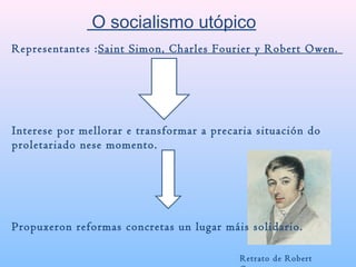Representantes :Saint Simon, Charles Fourier y Robert Owen.
Interese por mellorar e transformar a precaria situación do
proletariado nese momento.
Propuxeron reformas concretas un lugar máis solidario.
O socialismo utópico
Retrato de Robert
 