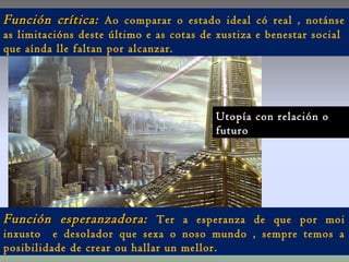 Función crítica:Función crítica: Ao comparar o estado ideal có real , notánse
as limitacións deste último e as cotas de xustiza e benestar social
que aínda lle faltan por alcanzar.
Función esperanzadora:Función esperanzadora: Ter a esperanza de que por moi
inxusto e desolador que sexa o noso mundo , sempre temos a
posibilidade de crear ou hallar un mellor.
Utopía con relación o
futuro
 