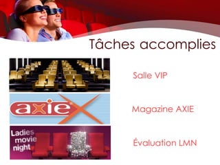 Tâches accomplies

     Salle VIP


     Magazine AXIE


     Évaluation LMN
 