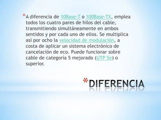 * A diferencia de 10Base-T o 100Base-TX, emplea
 todos los cuatro pares de hilos del cable,
 transmitiendo simultáneamente en ambos
 sentidos y por cada uno de ellos. Se multiplica
 así por ocho la velocidad de modulación, a
 costa de aplicar un sistema electrónico de
 cancelación de eco. Puede funcionar sobre
 cable de categoría 5 mejorado (UTP 5e) o
 superior.



                          *
 