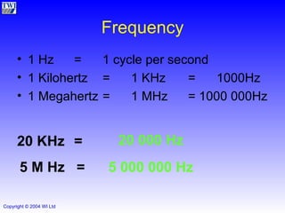 Frequency 1 Hz = 1 cycle per second 1 Kilohertz = 1 KHz = 1000Hz 1 Megahertz = 1 MHz = 1000 000Hz 20 KHz = 20 000 Hz 5 M Hz = 5 000 000 Hz 