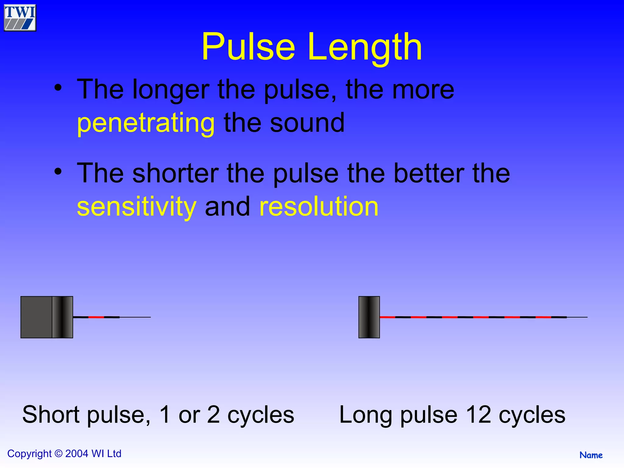 Pulse Length The longer the pulse, the more  penetrating  the sound  The shorter the pulse the better the  sensitivity  and  resolution Short pulse, 1 or 2 cycles Long pulse 12 cycles 