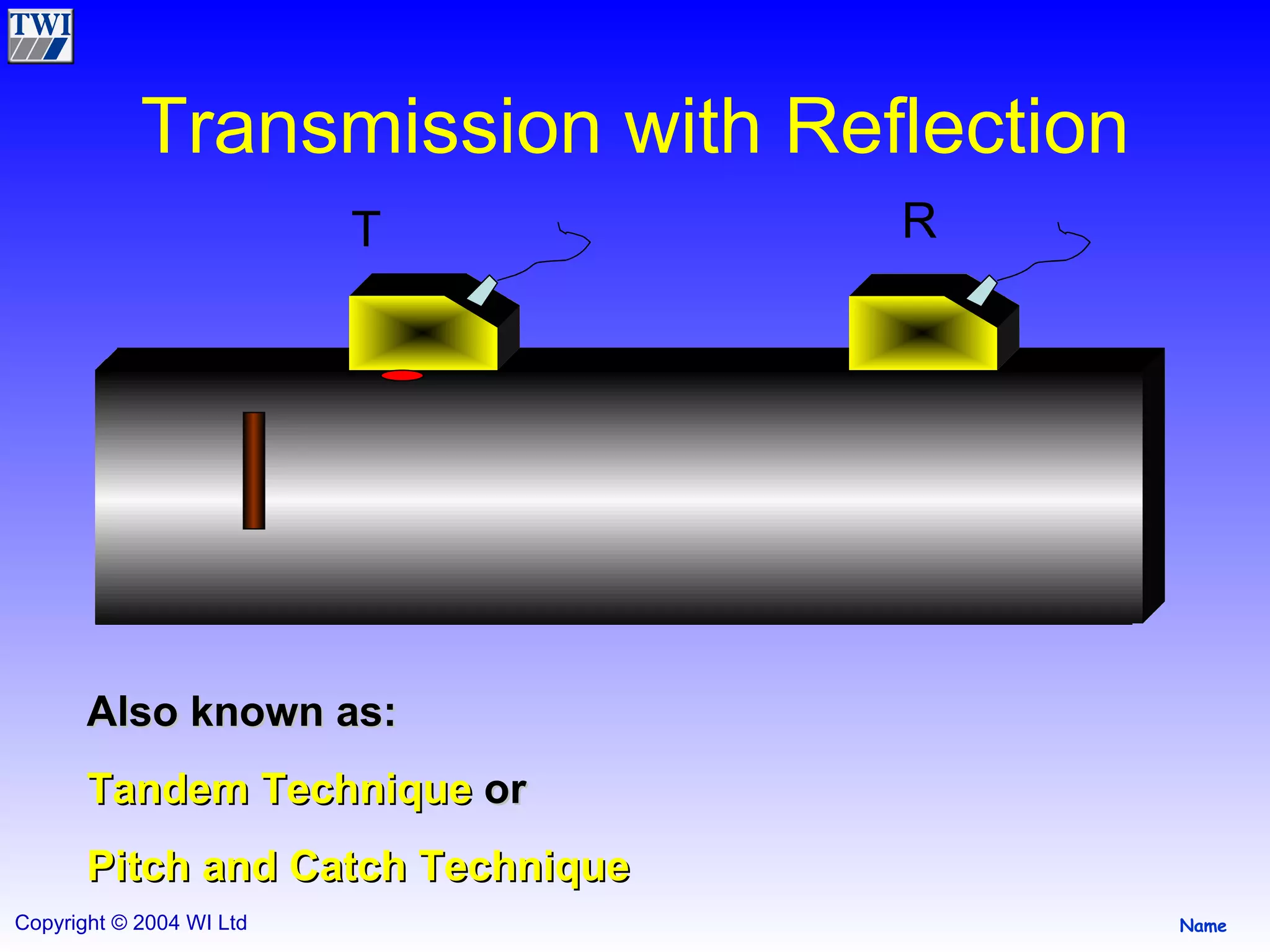 Transmission with Reflection Also known as: Tandem Technique  or  Pitch and Catch Technique R T 