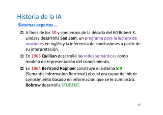 27 
Historia de la IA 
Sistemas expertos … 
 A fines de los 50 y comienzos de la década del 60 Robert K. 
Lindsay desarrolla Sad Sam, un programa para la lectura de 
oraciones en inglés y la inferencia de conclusiones a partir de 
su interpretación. 
 En 1963 Quillian desarrolla las redes semánticas como 
modelo de representación del conocimiento. 
 En 1964 Bertrand Raphael construye el sistema SIR 
(Semantic Information Retrieval) el cual era capaz de inferir 
conocimiento basado en información que se le suministra. 
Bobrow desarrolla STUDENT. 
 