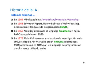 29 
Historia de la IA 
Sistemas expertos … 
 En 1968 Minsky publica Semantic Information Processing. 
 En 1968 Seymour Papert, Danny Bobrow y Wally Feurzeig, 
desarrollan el lenguaje de programación LOGO. 
 En 1969 Alan Kay desarrolla el lenguaje Smalltalk en Xerox 
PARC y se publica en 1980. 
 En 1973 Alain Colmenauer y su equipo de investigación en la 
Universidad de Aix-Marseille crean PROLOG (del francés 
PROgrammation en LOGique) un lenguaje de programación 
ampliamente utilizado en IA. 
 