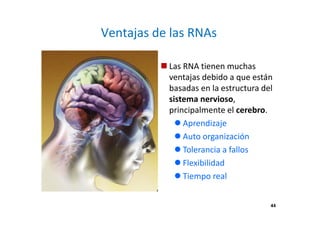 44 
Ventajas de las RNAs 
 Las RNA tienen muchas 
ventajas debido a que están 
basadas en la estructura del 
sistema nervioso, 
principalmente el cerebro. 
 Aprendizaje 
 Auto organización 
 Tolerancia a fallos 
 Flexibilidad 
 Tiempo real 
 