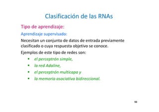53
Clasificación de las RNAs
Aprendizaje supervisado:
Necesitan un conjunto de datos de entrada previamente
clasificado o cuya respuesta objetivo se conoce.
Ejemplos de este tipo de redes son:
el perceptrón simple,
la red Adaline,
el perceptrón multicapa y
la memoria asociativa bidireccional.
Tipo de aprendizaje:
53
 