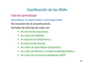 54
Clasificación de las RNAs
Aprendizaje no supervisado o auto organizado:
No necesitan de tal conjunto previo.
Ejemplos de este tipo de redes son:
las memorias asociativas,
las redes de Hopfield,
la máquina de Boltzmann y
la máquina de Cauchy,
las redes de aprendizaje competitivo,
las redes de Kohonen o mapas autoorganizados y
las redes de resonancia adaptativa (ART).
Tipo de aprendizaje:
54
 