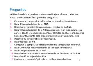 59
Preguntas
Al término de la experiencia de aprendizaje el alumno debe ser
capaz de responder las siguientes preguntas:
1. Comparar al computador y al hombre en la realización de tareas.
2. Listar 05 características de las RNA.
3. Describir las características propias del cerebro en las RNA.
4. Listar 10 características de la NB (cuántos son en un niño, adulto, sus
partes, donde se encuentran en mayor cantidad en el cerebro, cuantos
hay en punto, cuánto pesa el cerebro de un niño y un adulto, etc.)
5. Describir 05 características de las sinapsis.
6. Listar los tipos de NB.
7. Comparar la computación tradicional con la computación neuronal.
8. Listar 10 hechos mas importantes de la historia de las RNA.
9. Listar 10 aplicaciones de las RNA.
10. Describa las características de cada una de las funciones de las RNA.
11. Describir 05 ventajas de las RNA.
12. Realizar un cuadro sinóptico de la clasificación de las RNA.
 