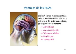 44
Ventajas de las RNAs
Las RNA tienen muchas ventajas
debido a que están basadas en la
estructura del sistema nervioso,
principalmente el cerebro.
Aprendizaje
Auto organización
Tolerancia a fallos
Flexibilidad
Tiempo real
44
 