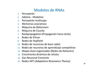 47
Modelos de RNAs
1. Perceptrón
2. Adaline - Madaline
3. Perceptrón multicapa
4. Memorias asociativas
5. Máquina de Boltzmann
6. Máquina de Cauchy
7. Backpropagation (Propagación hacia atrás)
8. Redes de Elman
9. Redes de Hopfield
10. Redes de neuronas de base radial
11. Redes de neuronas de aprendizaje competitivo
12. Mapas Auto organizados (Redes de Kohonen)
13. Crecimiento dinámico de células
14. Gas Neuronal Creciente
15. Redes ART (Adaptative Resonance Theory)
47
 
