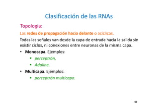 50
Clasificación de las RNAs
Topología:
Las redes de propagación hacia delante o acíclicas.
Todas las señales van desde la capa de entrada hacia la salida sin
existir ciclos, ni conexiones entre neuronas de la misma capa.
• Monocapa. Ejemplos:
perceptrón,
Adaline.
• Multicapa. Ejemplos:
perceptrón multicapa.
50
 