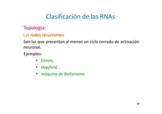 51
Clasificación de las RNAs
Topología:
Las redes recurrentes
Son las que presentan al menos un ciclo cerrado de activación
neuronal.
Ejemplos:
Elman,
Hopfield,
máquina de Boltzmann.
51
 