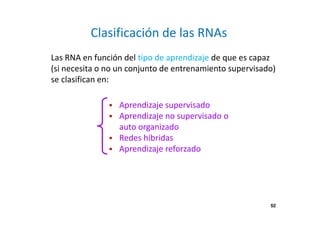 52
Clasificación de las RNAs
Aprendizaje supervisado
Aprendizaje no supervisado o
auto organizado
Redes híbridas
Aprendizaje reforzado
Las RNA en función del tipo de aprendizaje de que es capaz
(si necesita o no un conjunto de entrenamiento supervisado)
se clasifican en:
52
 