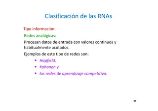 57
Clasificación de las RNAs
Redes analógicas:
Procesan datos de entrada con valores continuos y
habitualmente acotados.
Ejemplos de este tipo de redes son:
Hopfield,
Kohonen y
las redes de aprendizaje competitivo.
Tipo información:
57
 