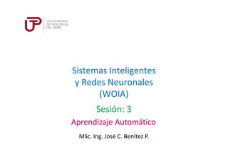 Sistemas Inteligentes
y Redes Neuronales
(WOIA)
MSc. Ing. José C. Benítez P.
Sesión: 3
Aprendizaje Automático
 