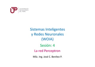 Sistemas Inteligentes
y Redes Neuronales
(WOIA)
MSc. Ing. José C. Benítez P.
Sesión: 4
La red Perceptron
 