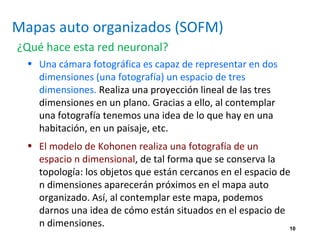 10
Mapas auto organizados (SOFM)
¿Qué hace esta red neuronal?
• Una cámara fotográfica es capaz de representar en dos
dimensiones (una fotografía) un espacio de tres
dimensiones. Realiza una proyección lineal de las tres
dimensiones en un plano. Gracias a ello, al contemplar
una fotografía tenemos una idea de lo que hay en una
habitación, en un paisaje, etc.
• El modelo de Kohonen realiza una fotografía de un
espacio n dimensional, de tal forma que se conserva la
topología: los objetos que están cercanos en el espacio de
n dimensiones aparecerán próximos en el mapa auto
organizado. Así, al contemplar este mapa, podemos
darnos una idea de cómo están situados en el espacio de
n dimensiones.
 