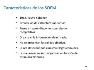 16
Características de los SOFM
• 1982, Teuvo Kohonen
• Simulación de estructuras nerviosas.
• Posee un aprendizaje no supervisado
competitivo.
• Organizan la información de entrada.
• No se presentan las salidas objetivo.
• La red descubre por si misma rasgos comunes.
• Las neuronas se auto organizan en función de
estímulos externos.
 