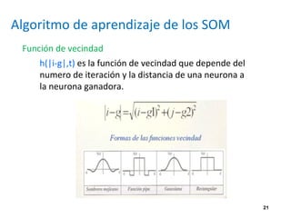 21
Algoritmo de aprendizaje de los SOM
Función de vecindad
h(|i-g|,t) es la función de vecindad que depende del
numero de iteración y la distancia de una neurona a
la neurona ganadora.
 
