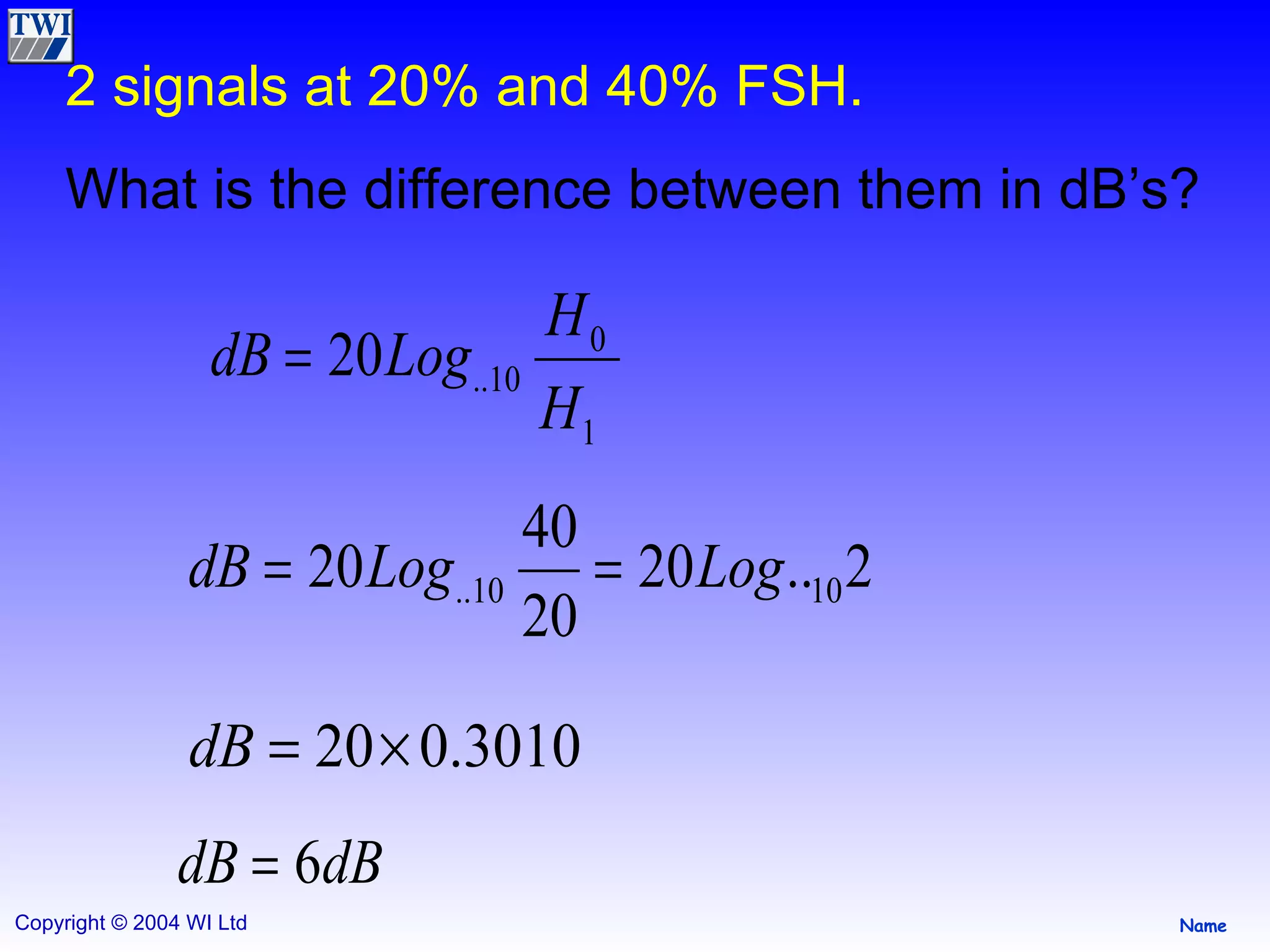 2 signals at 20% and 40% FSH. What is the difference between them in dB’s? 
