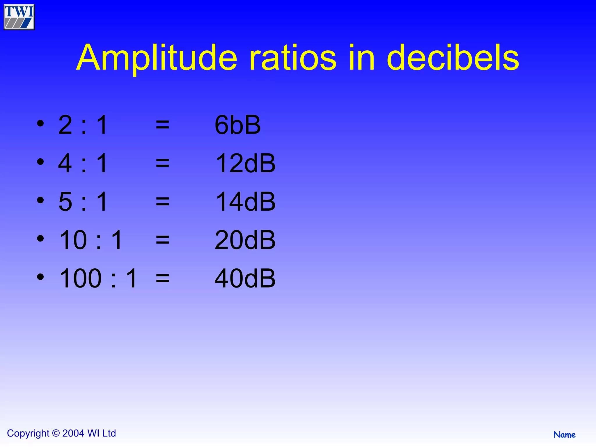 Amplitude ratios in decibels 2 : 1 = 6bB 4 : 1 = 12dB 5 : 1 = 14dB 10 : 1 = 20dB 100 : 1 = 40dB 