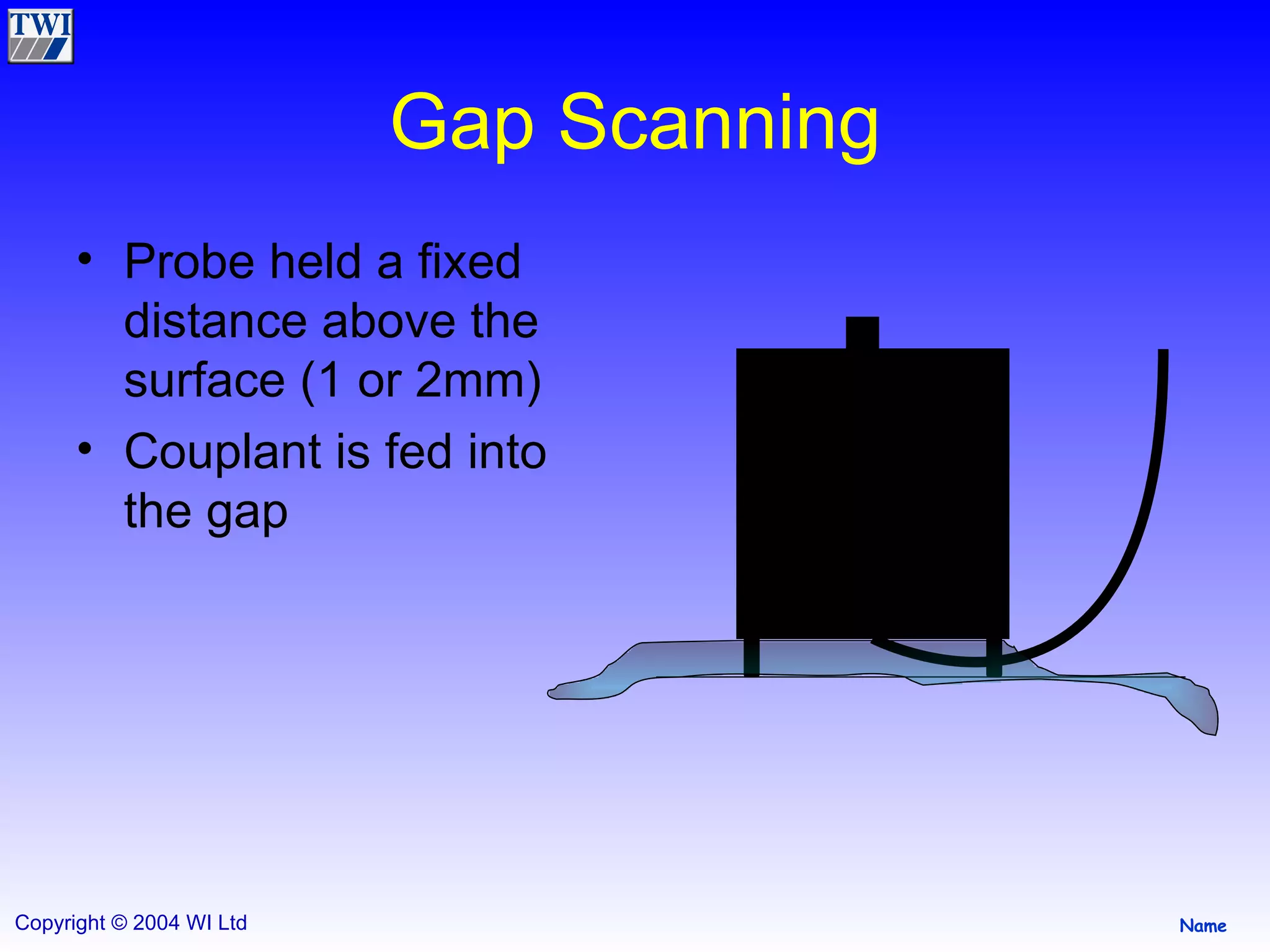 Gap Scanning Probe held a fixed distance above the surface (1 or 2mm) Couplant is fed into the gap 