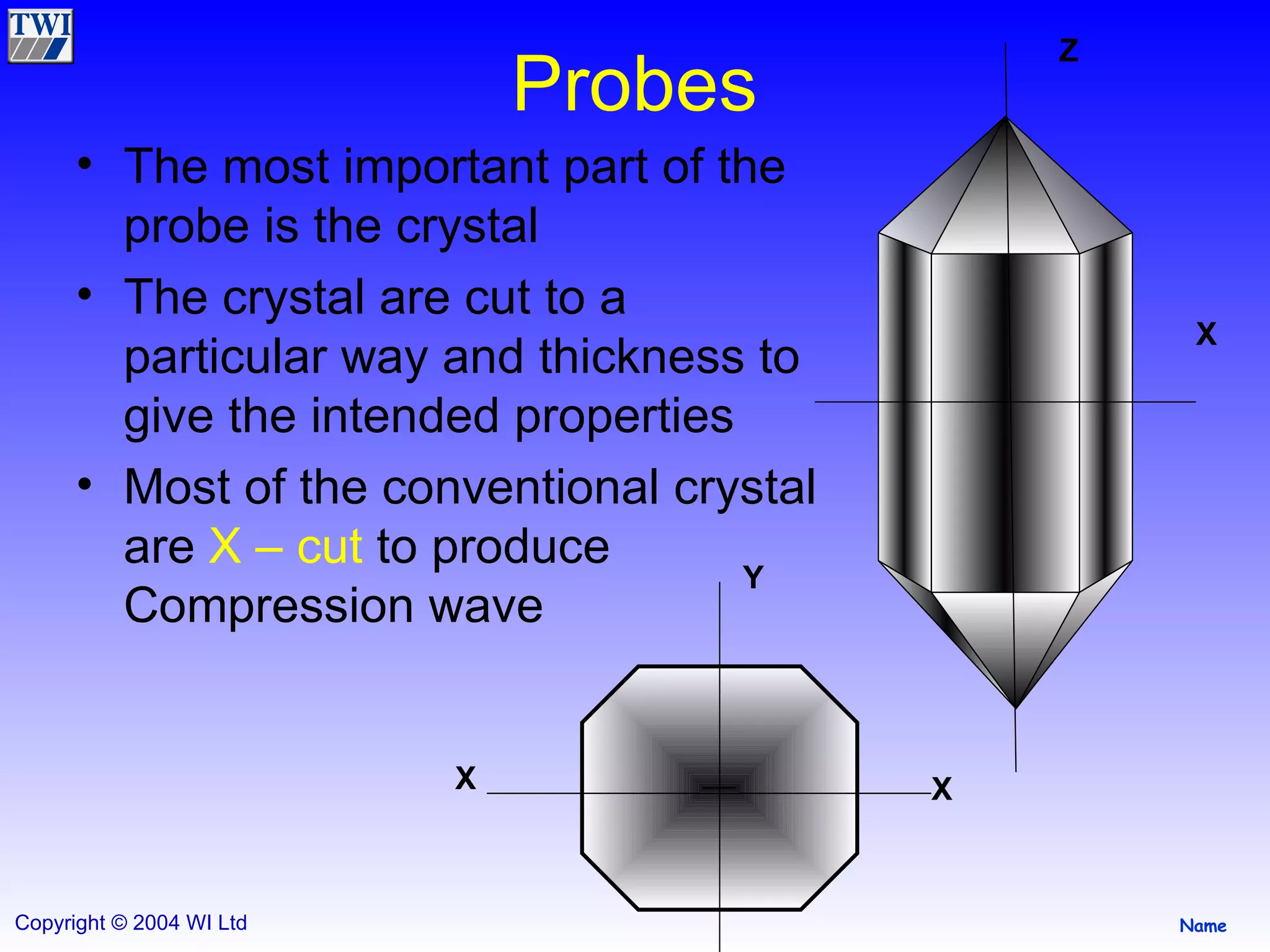Probes The most important part of the probe is the crystal The crystal are cut to a particular way and thickness to give the intended properties Most of the conventional crystal are  X – cut  to produce Compression wave Z X X X Y 