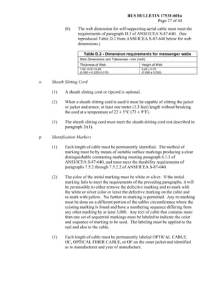RUS BULLETIN 1753F-601a
Page 27 of 44
(b) The web dimension for self-supporting aerial cable must meet the
requirements of paragraph D.3 of ANSI/ICEA S-87-640. (See
reproduced Table D.2 from ANSI/ICEA S-87-640 below for web
dimensions.)
Table D.2 - Dimension requirements for messenger webs
Web Dimensions and Tolerances - mm (inch)
Thickness of Web Height of Web
1.52 +0.51/-0.25
(0.060 + 0.020/-0.010)
2.29 ± 0.76
(0.090 ± 0.030)
o Sheath Slitting Cord
(1) A sheath slitting cord or ripcord is optional.
(2) When a sheath slitting cord is used it must be capable of slitting the jacket
or jacket and armor, at least one meter (3.3 feet) length without breaking
the cord at a temperature of 23 ± 5°C (73 ± 9°F).
(3) The sheath slitting cord must meet the sheath slitting cord test described in
paragraph 2r(1).
p Identification Markers
(1) Each length of cable must be permanently identified. The method of
marking must be by means of suitable surface markings producing a clear
distinguishable contrasting marking meeting paragraph 6.1.1 of
ANSI/ICEA S-87-640, and must meet the durability requirements of
paragraphs 7.5.2 through 7.5.2.2 of ANSI/ICEA S-87-640.
(2) The color of the initial marking must be white or silver. If the initial
marking fails to meet the requirements of the preceding paragraphs, it will
be permissible to either remove the defective marking and re-mark with
the white or silver color or leave the defective marking on the cable and
re-mark with yellow. No further re-marking is permitted. Any re-marking
must be done on a different portion of the cables circumference where the
existing marking is found and have a numbering sequence differing from
any other marking by at least 3,000. Any reel of cable that contains more
than one set of sequential markings must be labeled to indicate the color
and sequence of marking to be used. The labeling must be applied to the
reel and also to the cable.
(3) Each length of cable must be permanently labeled OPTICAL CABLE,
OC, OPTICAL FIBER CABLE, or OF on the outer jacket and identified
as to manufacturer and year of manufacture.
 