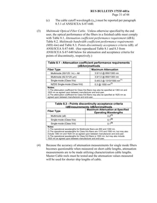RUS BULLETIN 1753F-601a
Page 31 of 44
(c) The cable cutoff wavelength (γcc) must be reported per paragraph
8.5.1 of ANSI/ICEA S-87-640.
(3) Multimode Optical Fiber Cable. Unless otherwise specified by the end
user, the optical performance of the fibers in a finished cable must comply
with Table 8.1, Attenuation coefficient performance requirement (dB/k),
Table 8.2, Multimode bandwidth coefficient performance requirements
(MHz-km) and Table 8.3, Points discontinuity acceptance criteria (dB), of
ANSI/ICEA S-87-640. (See reproduced Table 8.1 and 8.3 from
ANSI/ICEA S-87-640 below for attenuation and acceptance criteria for
points of discontinuity, respectively.)
Table 8.1 - Attenuation coefficient performance requirements
(dB/km)methods
Fiber Type Maximum Attenuation
Multimode (50/125 ⎧m) – All 3.5/1.0 @ 850/1300 nm
Multimode (62.5/125 μm) 3.5/1.0 @ 850/1300 nm
Single-mode (Class IVa) 0.4/0.3 @ 1310/1550 nm
(1)
NZDS Single-mode (Class IVd) 0.3 @ 1550 nm
(2)
Notes:
1) The attenuation coefficient for Class IVa fibers may also be specified at 1383 nm and
1625 nm as agreed upon between manufacturer and end-user.
2) The attenuation coefficient for Class IVd fibers may also be specified at 1625 nm as
agreed upon between manufacturer and end-user.
Table 8.3 - Points discontinuity acceptance criteria
(dB)requirements (dB/km)methods
Fiber Type
Maximum Attenuation at Specified
Operating Wavelengths
Multimode (all) 0.2
(1)
Single-mode (Class IVa) 0.1
(2)
Single-mode (Class IVd) 0.1
(3)
Notes:
1) The operational wavelengths for Multimode fibers are 850 and 1300 nm.
2) The operational wavelengths for Class IVa fibers are 1310 and 1550 nm, but may also
include 1383 nm and 1625 nm as agreed upon between manufacturer and end-user.
3) The operational wavelengths for Class IVd fibers is 1550 nm, but may also include
1625 nm as agreed upon between manufacturer and end-user.
(4) Because the accuracy of attenuation measurements for single mode fibers
becomes questionable when measured on short cable lengths, attenuation
measurements are to be made utilizing characterization cable lengths.
Master Cable reels must be tested and the attenuation values measured
will be used for shorter ship lengths of cable.
 