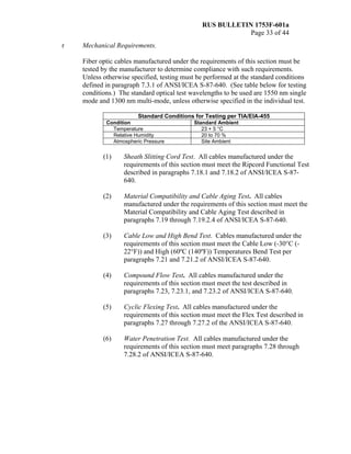 RUS BULLETIN 1753F-601a
Page 33 of 44
r Mechanical Requirements.
Fiber optic cables manufactured under the requirements of this section must be
tested by the manufacturer to determine compliance with such requirements.
Unless otherwise specified, testing must be performed at the standard conditions
defined in paragraph 7.3.1 of ANSI/ICEA S-87-640. (See table below for testing
conditions.) The standard optical test wavelengths to be used are 1550 nm single
mode and 1300 nm multi-mode, unless otherwise specified in the individual test.
Standard Conditions for Testing per TIA/EIA-455
Condition Standard Ambient
Temperature 23 + 5 °C
Relative Humidity 20 to 70 %
Atmospheric Pressure Site Ambient
(1) Sheath Slitting Cord Test. All cables manufactured under the
requirements of this section must meet the Ripcord Functional Test
described in paragraphs 7.18.1 and 7.18.2 of ANSI/ICEA S-87-
640.
(2) Material Compatibility and Cable Aging Test. All cables
manufactured under the requirements of this section must meet the
Material Compatibility and Cable Aging Test described in
paragraphs 7.19 through 7.19.2.4 of ANSI/ICEA S-87-640.
(3) Cable Low and High Bend Test. Cables manufactured under the
requirements of this section must meet the Cable Low (-30°C (-
22°F)) and High (60ºC (140ºF)) Temperatures Bend Test per
paragraphs 7.21 and 7.21.2 of ANSI/ICEA S-87-640.
(4) Compound Flow Test. All cables manufactured under the
requirements of this section must meet the test described in
paragraphs 7.23, 7.23.1, and 7.23.2 of ANSI/ICEA S-87-640.
(5) Cyclic Flexing Test. All cables manufactured under the
requirements of this section must meet the Flex Test described in
paragraphs 7.27 through 7.27.2 of the ANSI/ICEA S-87-640.
(6) Water Penetration Test. All cables manufactured under the
requirements of this section must meet paragraphs 7.28 through
7.28.2 of ANSI/ICEA S-87-640.
 