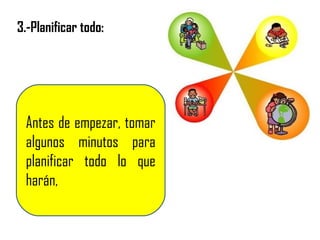 3.-Planificar todo:
Antes de empezar, tomar
algunos minutos para
planificar todo lo que
harán,
 