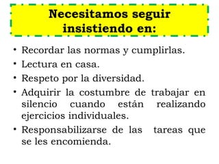 Necesitamos seguir
insistiendo en:
• Recordar las normas y cumplirlas.
• Lectura en casa.
• Respeto por la diversidad.
• Adquirir la costumbre de trabajar en
silencio cuando están realizando
ejercicios individuales.
• Responsabilizarse de las tareas que
se les encomienda.
 