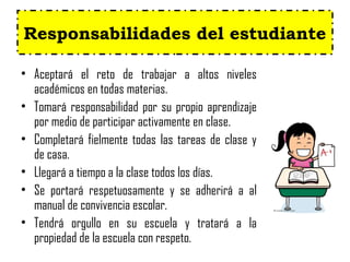 Responsabilidades del estudiante
• Aceptará el reto de trabajar a altos niveles
académicos en todas materias.
• Tomará responsabilidad por su propio aprendizaje
por medio de participar activamente en clase.
• Completará fielmente todas las tareas de clase y
de casa.
• Llegará a tiempo a la clase todos los días.
• Se portará respetuosamente y se adherirá a al
manual de convivencia escolar.
• Tendrá orgullo en su escuela y tratará a la
propiedad de la escuela con respeto.
 