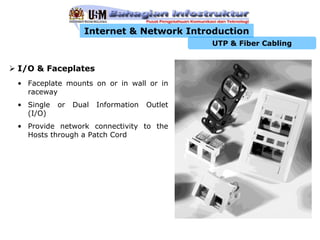 Internet & Network Introduction
                                              UTP & Fiber Cabling


I/O & Faceplates
• Faceplate mounts on or in wall or in
  raceway
• Single   or   Dual   Information   Outlet
  (I/O)
• Provide network connectivity to the
  Hosts through a Patch Cord
 