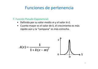 Funciones de pertenencia
10
7. Función Pseudo-Exponencial:
• Definida por su valor medio m y el valor k>1.
• Cuanto mayor es el valor de k, el crecimiento es más
rápido aún y la “campana” es más estrecha.
 