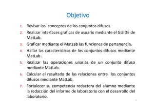 Objetivo
1. Revisar los conceptos de los conjuntos difusos.
2. Realizar interfaces graficas de usuario mediante el GUIDE de
MatLab.
3. Graficar mediante el MatLab las funciones de pertenencia.
4. Hallar las características de los conjuntos difusos mediante
MatLab .
5. Realizar las operaciones unarias de un conjunto difuso
mediante MatLab.
6. Calcular el resultado de las relaciones entre los conjuntos
difusos mediante MatLab.
7. Fortalecer su competencia redactora del alumno mediante
la redacción del informe de laboratorio con el desarrollo del
laboratorio.
3
 