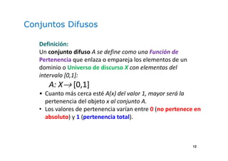 12
Conjuntos Difusos
Definición:
Un conjunto difuso A se define como una Función de
Pertenencia que enlaza o empareja los elementos de un
dominio o Universo de discurso X con elementos del
intervalo [0,1]:
A: X→ [0,1]
• Cuanto más cerca esté A(x) del valor 1, mayor será la
pertenencia del objeto x al conjunto A.
• Los valores de pertenencia varían entre 0 (no pertenece en
absoluto) y 1 (pertenencia total).
 