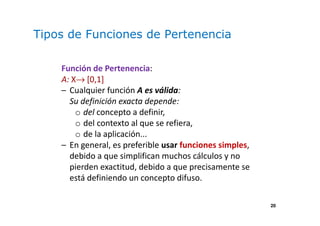 20
Tipos de Funciones de Pertenencia
Función de Pertenencia:
A: X→ [0,1]
– Cualquier función A es válida:
Su definición exacta depende:
o del concepto a definir,
o del contexto al que se refiera,
o de la aplicación...
– En general, es preferible usar funciones simples,
debido a que simplifican muchos cálculos y no
pierden exactitud, debido a que precisamente se
está definiendo un concepto difuso.
 