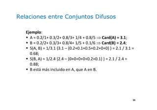 35
Relaciones entre Conjuntos Difusos
Ejemplo:
A = 0.2/1+ 0.3/2+ 0.8/3+ 1/4 + 0.8/5 ⇒ Card(A) = 3.1;
B = 0.2/2+ 0.3/3+ 0.8/4+ 1/5 + 0.1/6 ⇒ Card(B) = 2.4;
S(A, B) = 1/3.1 {3.1 – {0.2+0.1+0.5+0.2+0+0} } = 2.1 / 3.1 =
0.68;
S(B, A) = 1/2.4 {2.4 – {0+0+0+0+0.2+0.1} } = 2.1 / 2.4 =
0.88;
B está más incluido en A, que A en B.
 