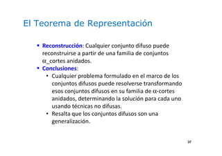 37
El Teorema de Representación
Reconstrucción: Cualquier conjunto difuso puede
reconstruirse a partir de una familia de conjuntos
α_cortes anidados.
Conclusiones:
• Cualquier problema formulado en el marco de los
conjuntos difusos puede resolverse transformando
esos conjuntos difusos en su familia de α-cortes
anidados, determinando la solución para cada uno
usando técnicas no difusas.
• Resalta que los conjuntos difusos son una
generalización.
 
