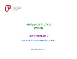Ing. José C. Benítez P.
Inteligencia Artificial
(W0I9)
Patrones de aprendizaje de las RNA
Laboratorio: 2
 