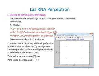 1. Gráfica de patrones de aprendizaje:
Los patrones de aprendizaje se utilizarán para entrenar las redes
neuronales.
En Matlab:
>> X=[1 1 0 0; 1 0 1 0]; %Posibles entradas en la RNA
>> D=[1 0 0 0] %Es el resultado de la función lógica AND
>> plotpv(X,D) %Grafica los patrones de aprendizaje.
Nos mostrará el gráfico mostrado.
Las RNA Perceptron
Como se puede observar, MATLAB grafica los
puntos dados en el vector X y le asigna un
símbolo para la clasificación dependiendo de
la salida deseada, en esta caso:
Para salida deseada cero (0) = o
Para salida deseada uno (1) = +
5
 