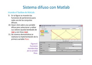 Sistema difuso con Matlab
11
Usando el Toolbox de MatLab:
9. En la figura se muestra las
funciones de pertenencia para
cada uno de los conjuntos
difusos.
10. Hacer click sobre una variable
difusa para seleccionar y editar
sus valores (queda bordeado de
rojo y con línea roja).
11. De manera demostrativa se
realizara la implementación de la
primera variable Peso.
Figura 6:
Funciones
membership
de la variable
Peso.
 