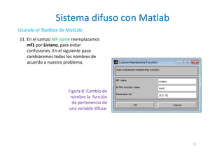 Sistema difuso con Matlab
13
Usando el Toolbox de MatLab:
11. En el campo MF name reemplazamos
mf1 por Liviano, para evitar
confusiones. En el siguiente paso
cambiaremos todos los nombres de
acuerdo a nuestro problema.
Figura 8: Cambio de
nombre la función
de pertenencia de
una variable difusa.
 