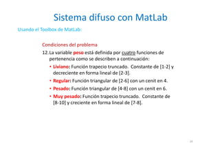 Sistema difuso con MatLab
14
Usando el Toolbox de MatLab:
Condiciones del problema
12.La variable peso está definida por cuatro funciones de
pertenencia como se describen a continuación:
• Liviano: Función trapecio truncado. Constante de [1-2] y
decreciente en forma lineal de [2-3].
• Regular: Función triangular de [2-6] con un cenit en 4.
• Pesado: Función triangular de [4-8] con un cenit en 6.
• Muy pesado: Función trapecio truncado. Constante de
[8-10] y creciente en forma lineal de [7-8].
 